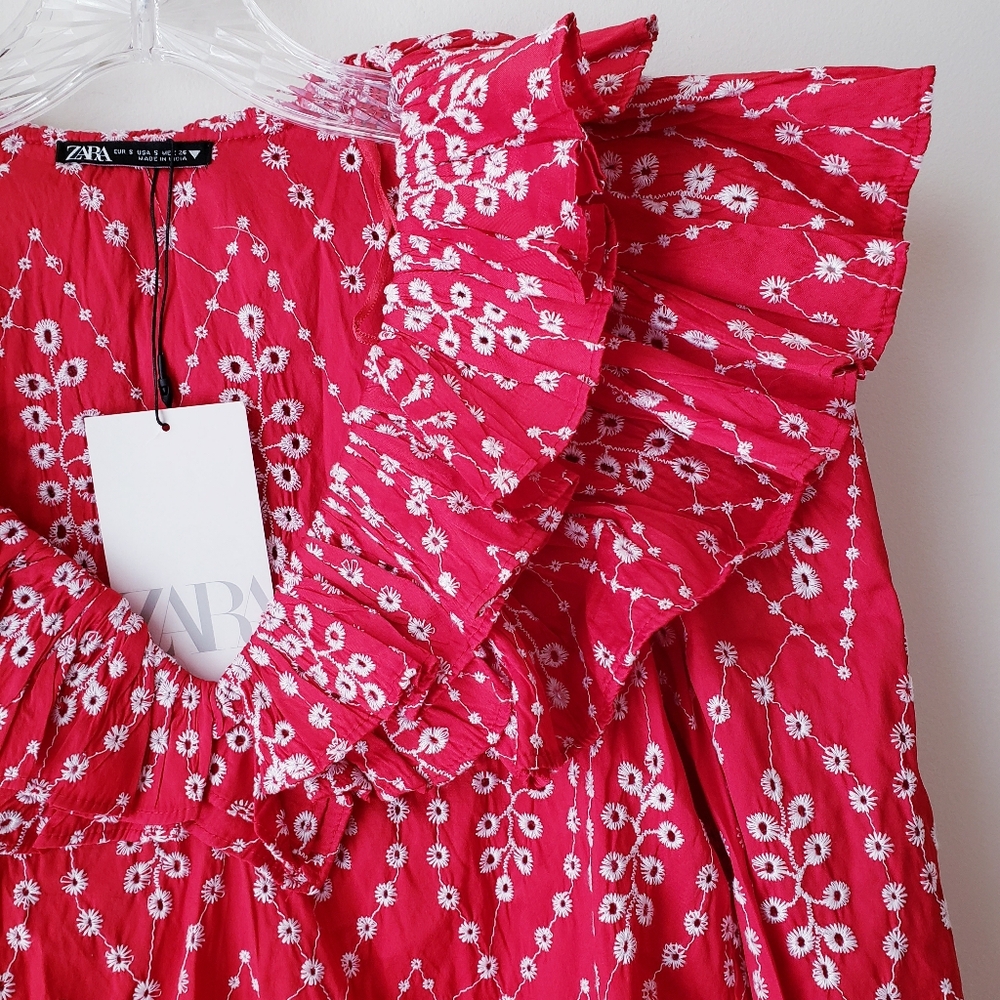 Zara Red Embroidered Eyelet Ruffle Top - Picture 3 of 12
